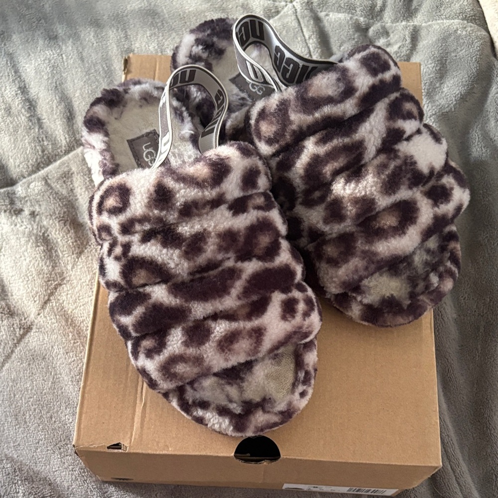 UGG Leopard Plush Fluff Slide - Cream and Brown